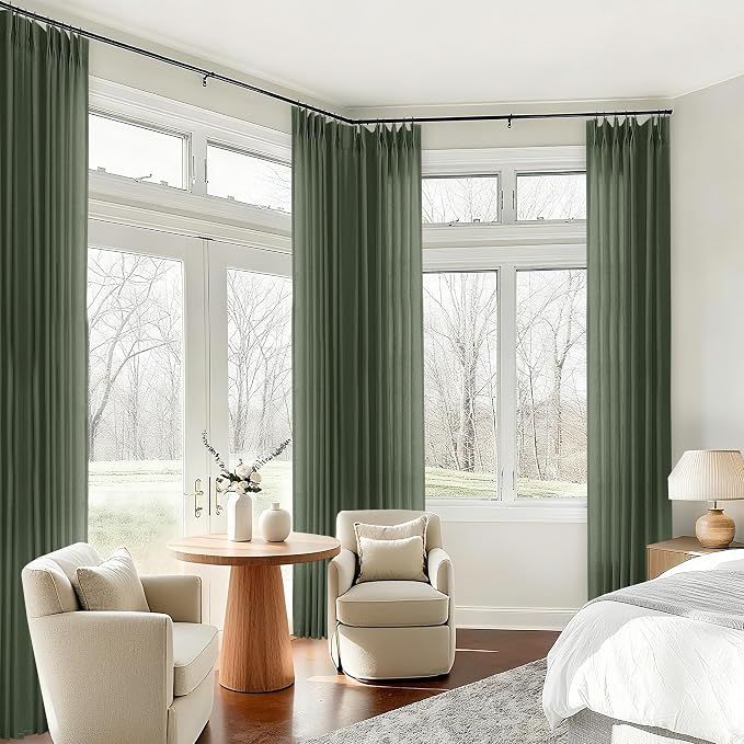 105 Inch Olive Green Pleated Ceiling Track Curtains Linen Semi Sheer | Light by DUKIYO