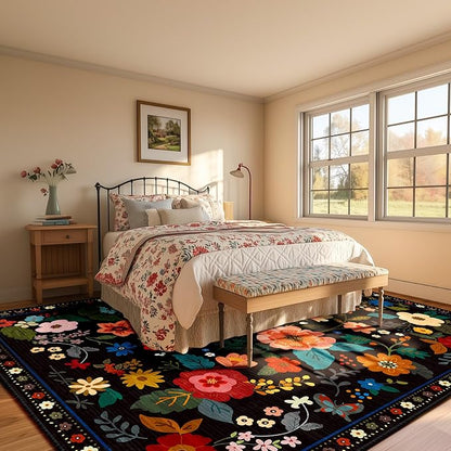 RELEANY Floral Washable 9x12 Area Rugs Black | Flower Carpet Print Boho Cute - Image 6