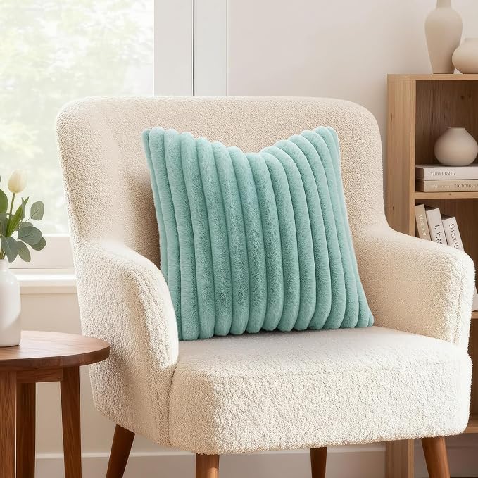 decorUhome Fall Faux Fur Throw Pillow Covers 24x24 Set of 2 Aqua | Decorative - Image 4