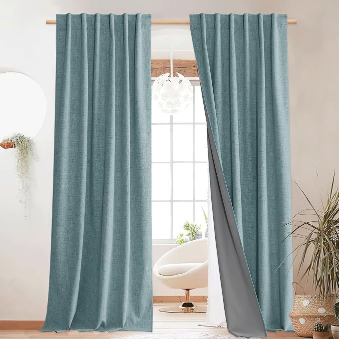 NICETOWN Skylark Blue Blackout Linen Curtains 95" Long, Rod Pocket Back Tab by NICETOWN