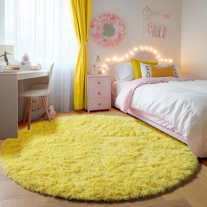 Yellow Round Area Rugs 4ft for Bedroom Living Room, Fluffy Circle Rug for Kids - Image 3