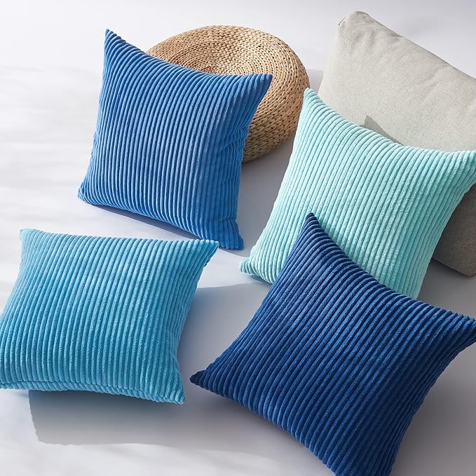 Topfinel Blue Throw Pillow Covers 18x18 Inch Set of 4, Soft Accent Corduroy - Image 4