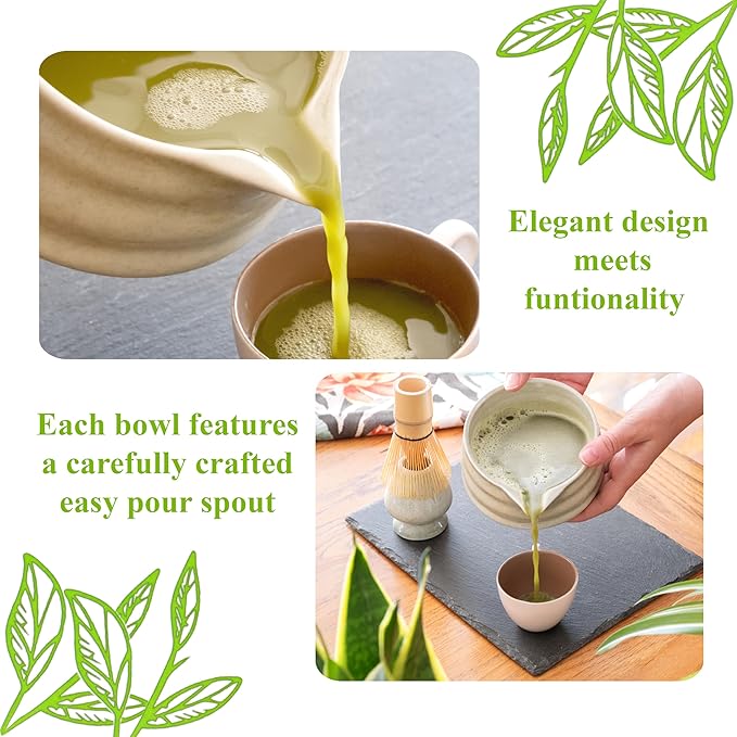 Marce Matcha Whisk Set- Matcha Set includes Matcha Whisk and Bowl (Bowl with Spout), Sifter, Holder and Scoop- The Perfect Bamboo Whisk for Matcha Tea (Molted Green)