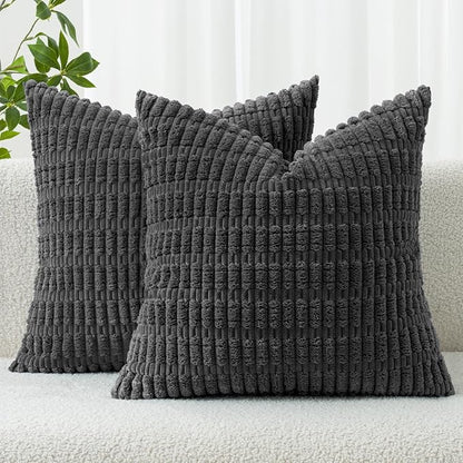 MIULEE Corduroy Decorative Throw Pillow Covers 18x18 Dark Grey Pack of 2 | Soft by MIULEE