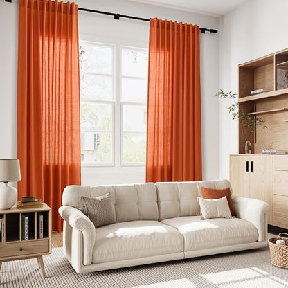 Bright Orange Linen Blend Light Filtering Back Tab Curtains 102 Inches Long - Image 7