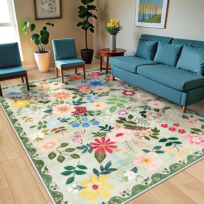 PLHXFR Area Rug 10x12 Living Room: Floral Washable Boho Soft Carpet Green | - Image 2