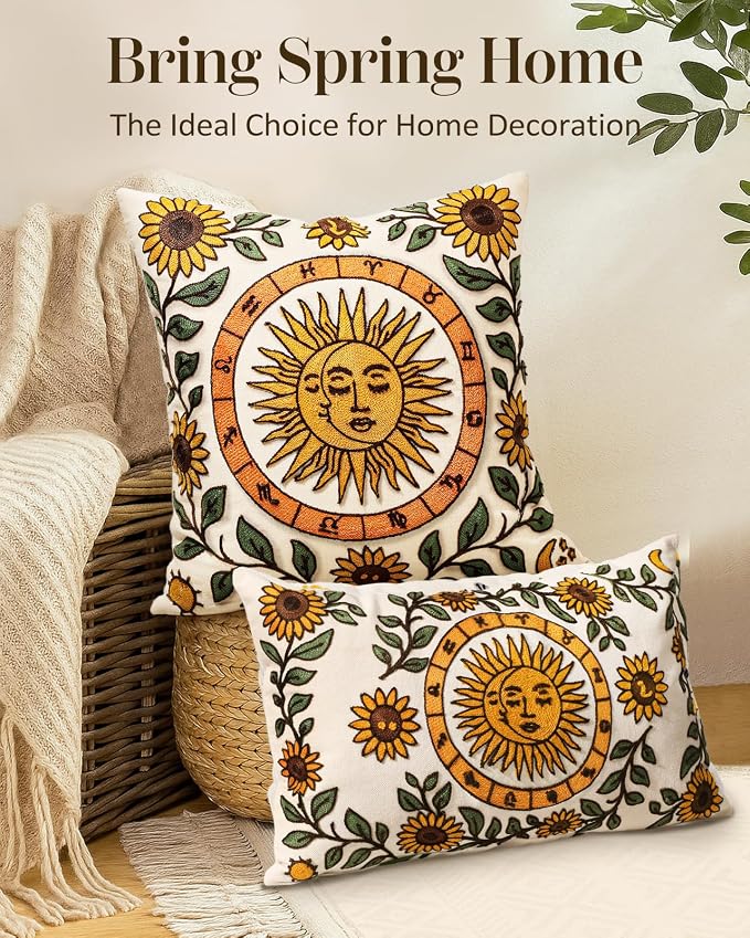 Embroidered Lumbar Pillow Cover 20x12 Inch, Sunflower Moon | Decorative Throw - Image 5
