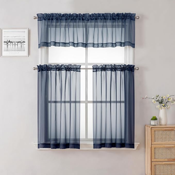 Volie Sheer Curtains Blue Tiers 36 Inches Long 2 Pieces Set, Gauzy Solid Window - Image 8