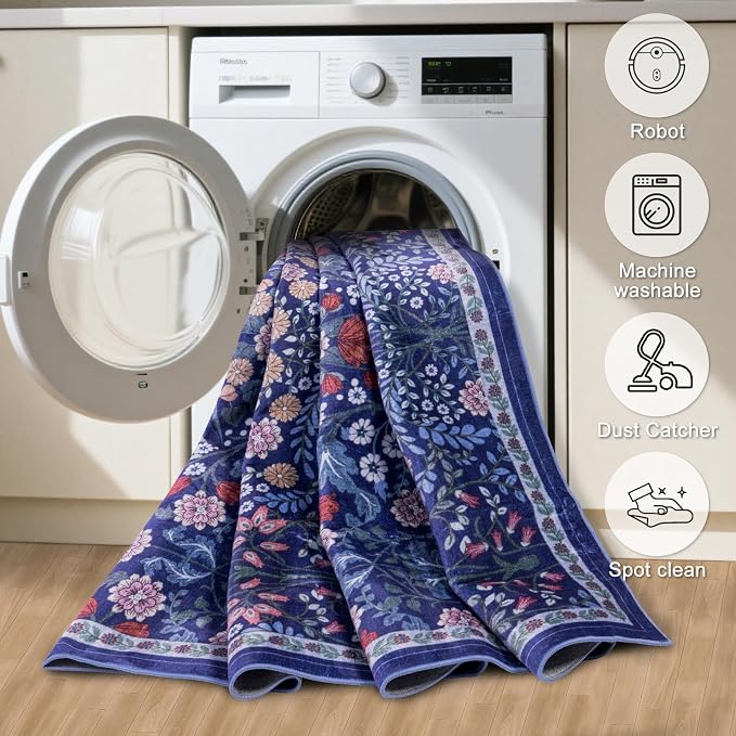 PLHXFR 2.6x10 Washable Runner Rug：Floral Indoor Kitchen Soft Carpet Blue | - Image 8
