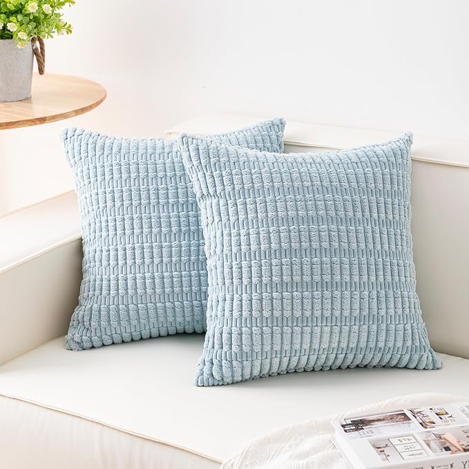 Pack of 2 Corduroy Decorative Throw Pillow Covers 22x22 Inch, Sky Blue | Fall by Unknown