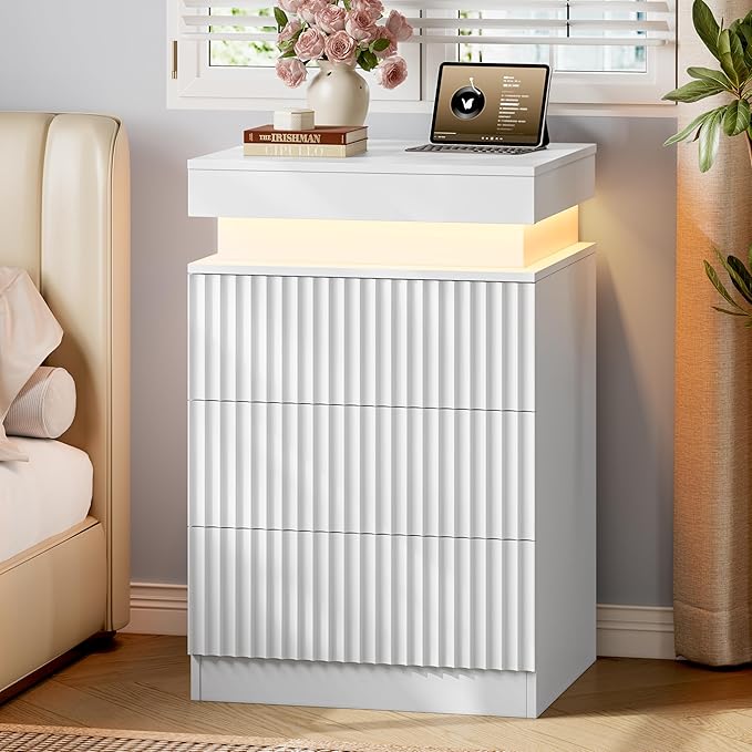 Xixini Nightstand with Charging Station and LED Lights, Fluted Night Stand with by Xixini