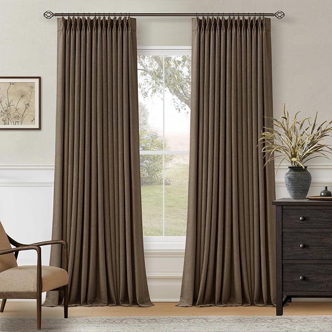 Brown Linen Pinch Pleated Black Out Memory Trained Curtains 102 Inches Long | by Twodrapes
