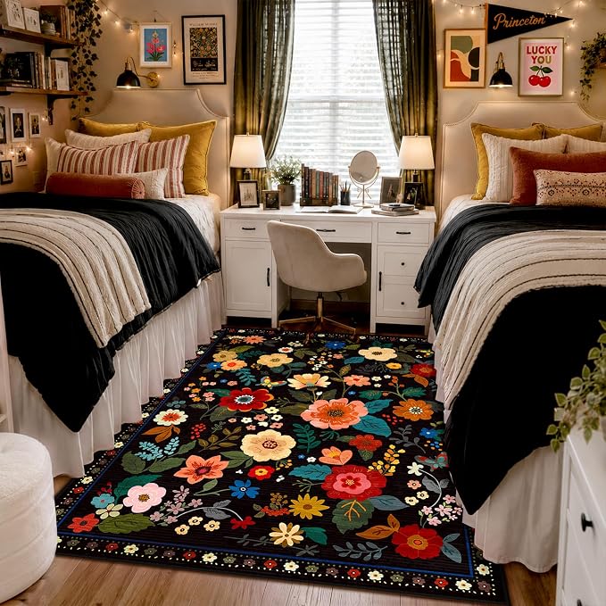 RELEANY Floral Washable 5x7 Area Rugs Black | Flower Carpet Print Boho Cute Non - Image 3