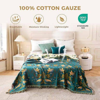 LUTBM Queen Throw Blanket for Bed 100% Cotton Boho Soft Quilt Birds and Floral - Image 2