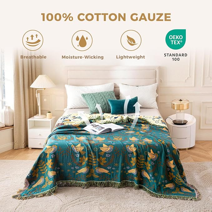 LUTBM King Throw Blanket for Bed 100% Cotton Boho Soft Rustic Quilt Birds and - Image 2