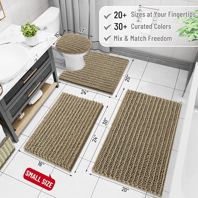Arotive Luxury Chenille Bathroom Rug Mat, Extra Soft Thick Absorbent Shaggy Bath Rugs, Non-Slip Machine Wash Dry, Plush Bath Mats for Bathroom, Shower and Tub, 47x32, Camel