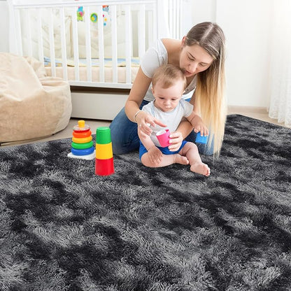 Black Grey Tie-Dyed Rug for Living Room 5x8 Fluffy Area Rug Mat Bedside Throw - Image 3