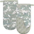 Thumb Oven Mitts, Heat and Slip Resistant Silicone Kitchen Mittens 2-Pack Set, Aqua Birds Soft Long Oven Gloves, Flexible Thick Potholders for Safe Baking Cooking and Grilling (Aqua)