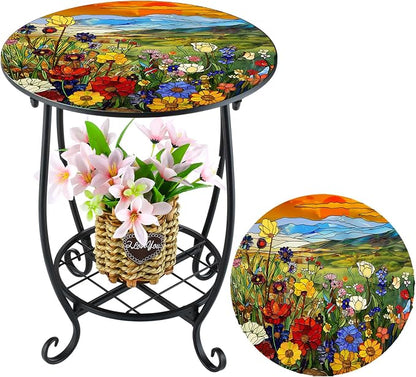 Cinnvoice Outdoor Side Table Round Small Mosaic Patio Accent Indoor End Plant by Cinnvoice