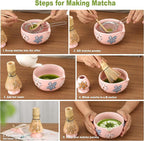 Matcha Whisk Set Pink,8pcs Matcha Set Whisk And Bowl,Matcha Kit With Bamboo Whisks,Ceramic Matcha Bowl,Sifter,Scoop,Holder,Towel,Stand,Spoon,Unique Gift for Japanese Tea Lover