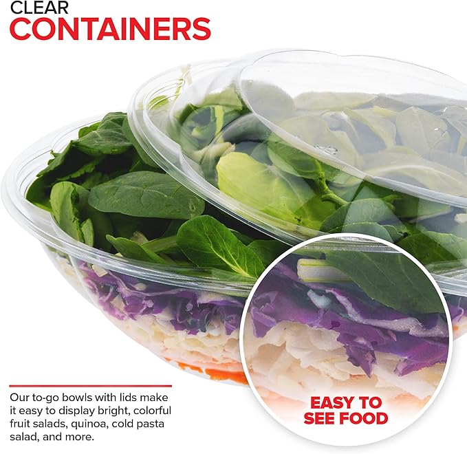 Stock Your Home 64 oz Clear Plastic Salad Bowls with Lids Disposable 120 Pack, Extra Large Takeout Containers for Fruit Salads Meal Prep and Parties