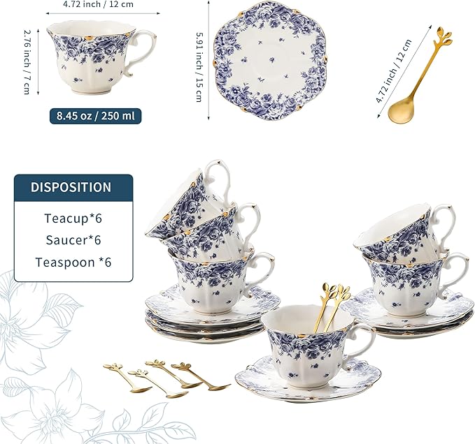 TATSUMI Country Roses Bone China Tea Cup and Saucer Set, 6 Pieces, Vintage Style, For Women and Tea Parties（sky blue，6 sets）