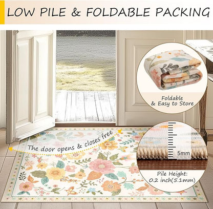 RELEANY Floral Washable 2x3 Area Rugs Doormat Beige/White/Orange | Flower - Image 5
