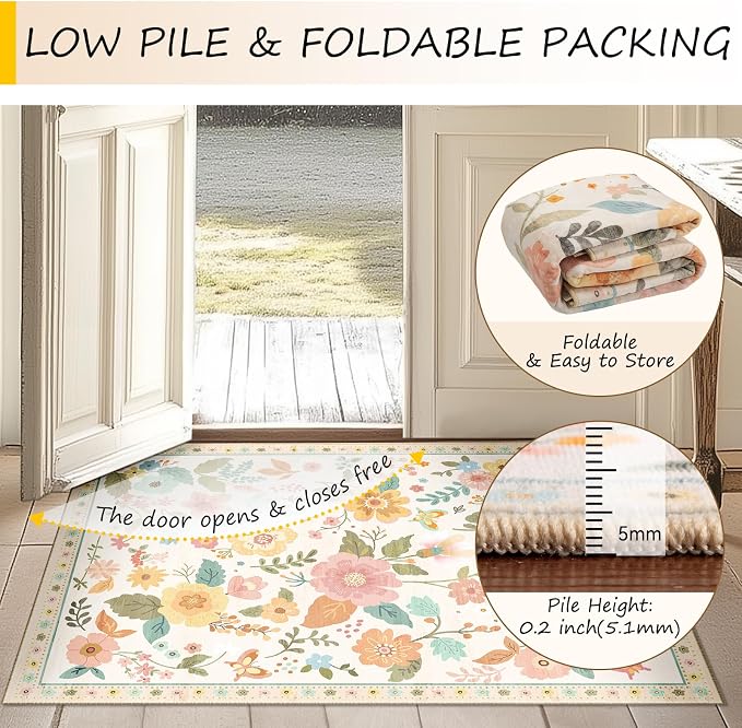 RELEANY Floral Washable Square 8ft Area Rug Beige/White/Orange | Flower Carpet - Image 5