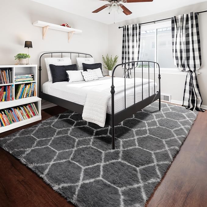 Area Rugs for Bedroom Living Room, 4x6 Fluffy Grey and White Geometric Rug | - Image 6