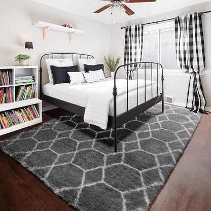 6x9 Area Rugs for Living Room Bedroom, Fluffy Grey and White Geometric Rug | - Image 6