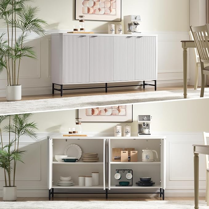 Fatmok 65" Buffet Cabinet with Storage, Fluted Credenza Sideboard with 4 Doors - Image 6