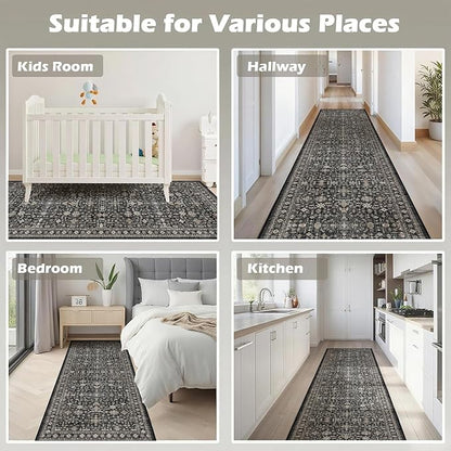 Grey Hallway Runner Rug 2x6 for Bedroom Kitchen | Low Pile; Non Slip; Stain - Image 5