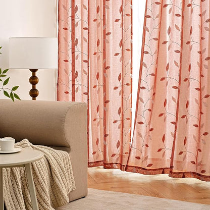 MIULEE Terracotta Sheer Fall Curtains 2 Panels Leaf Patterned, W52 x L54 | - Image 3