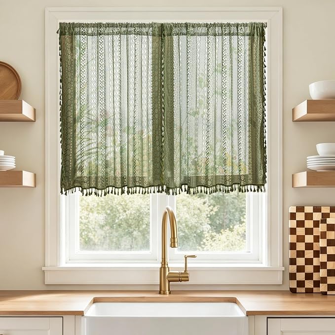 Sutuo Home Olive Green Boho Lace Curtains 2 Panels 45 Inch Long, Semi Sheer - Image 2