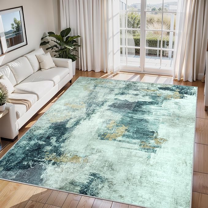 6x9 Area Rugs for Living Room Washable Bedroom Dining Room Teal Grey Gold | by Aelenmu
