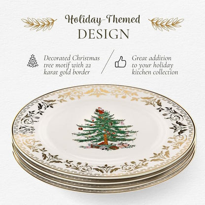 Spode Christmas Tree Gold Salad Plate (Set of 4) – 8-Inch Porcelain Dinner & Appetizer, Christmas Dinnerware & Holiday Tableware, Microwave & Dishwasher Safe, Festive Seasonal Dining Plate