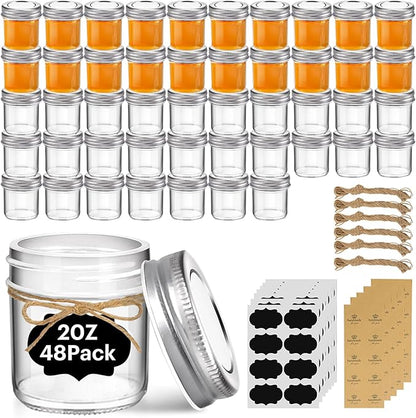 ComSaf Small Mason Jars 2 oz, 48 Pcs Mini Mason Containers, Small Canning Jars, Mini Glass Jar with Lids for Ginger Shots, Honey, Jams, Sauces, Spices, DIY Candle Decor, Wedding & Baby Shower Favors