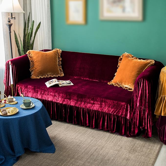 GLORY SEASON Velvet Sofa Cover Soft Decorative Luxurious Solid Exquisite Ruffle - Image 7