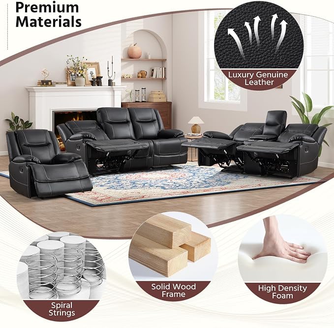 ANJ Premium Genuine Leather Manual Reclining Sofa Couch, Overstuffed 3-Seater - Image 7