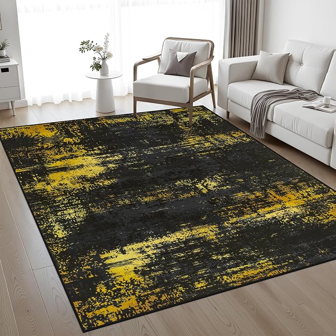 Area Rug Living Room: 3x5 Modern Washable Soft Carpet Black Gold | by FXRHLP