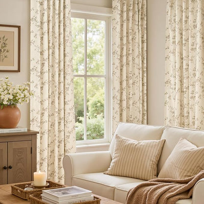 Extra Long Floral Linen Curtains Taupe on Beige 50×108 2 Panels | Elisa Series - Image 5