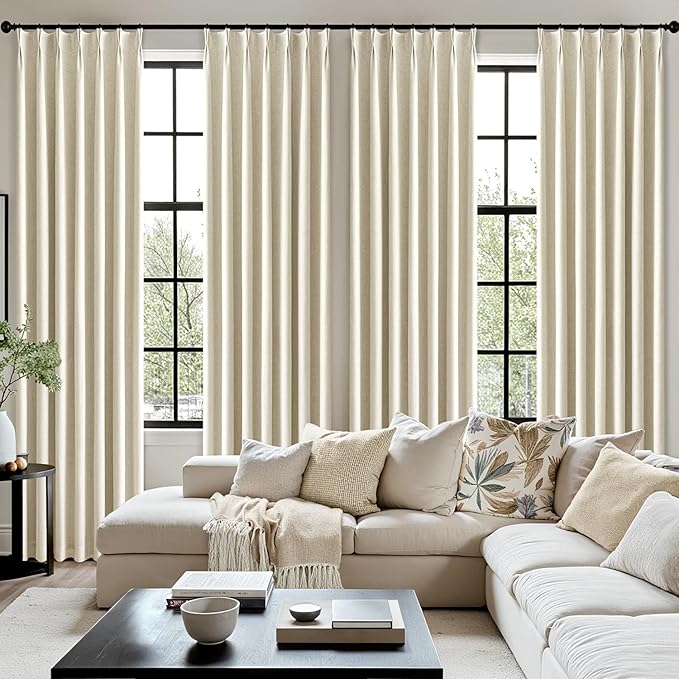 MIULEE Cream Pinch Pleated 100% Blackout Linen Curtains 40x84 Inches | Room - Image 7
