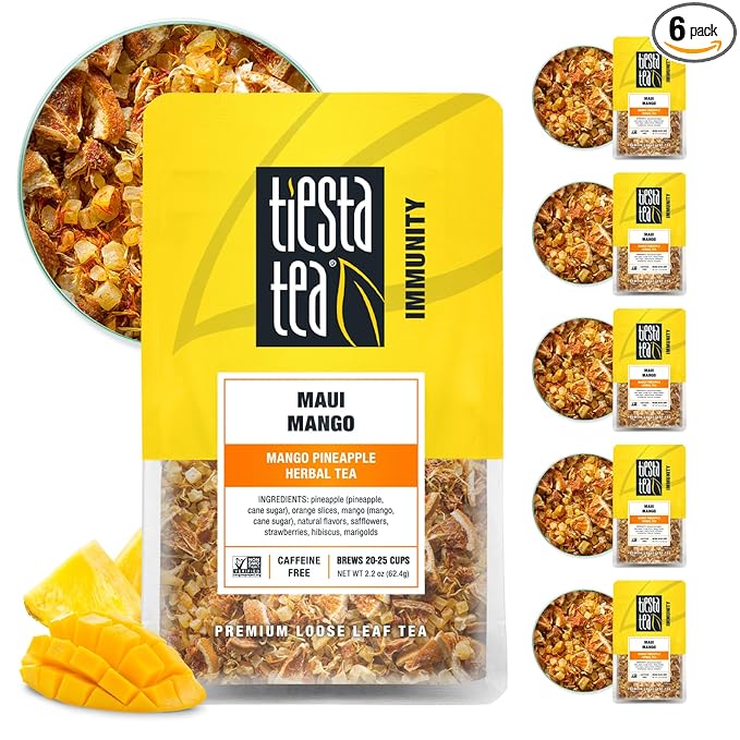 Tiesta Tea - Maui Mango | Loose Leaf | Mango Pineapple Herbal Tea | Premium Non-Caffeinated Fruit Blend | Make Hot or Iced & Brews Up to 25 Cups | 13.2 Ounce Resealable Pouch, Pack of 6