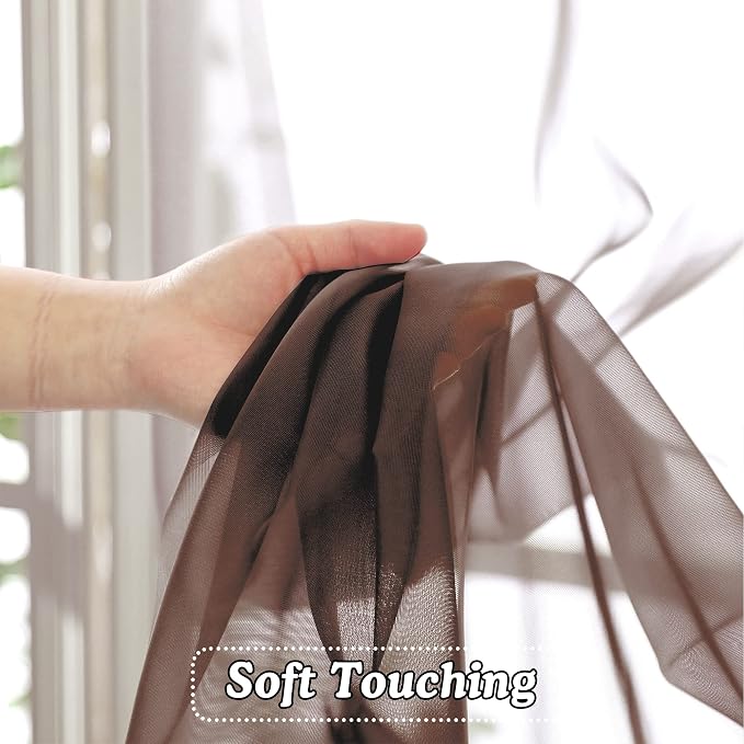 Brown Sheer Curtains 36 inches Long, Short Kitchen Window Treatment Solid - Image 4