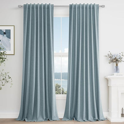 Blue 100% Blackout Linen Curtains 100 Inch Length 2 Panels Set by Guken
