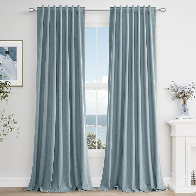Blue 100% Blackout Linen Curtains 144 Inch Length 2 Panels Set by Guken