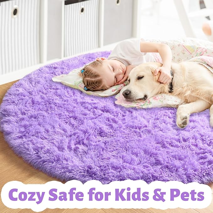Amdrebio Purple Fluffy Round Kids Area Rug 5Ft - Image 2