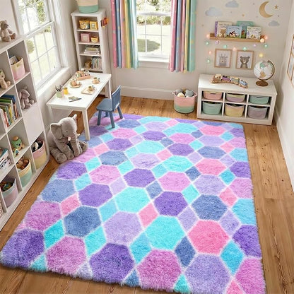 Checkered 8x10 Area Rugs for Living Room, Fluffy Purple Rainbow Girls Rug | - Image 8