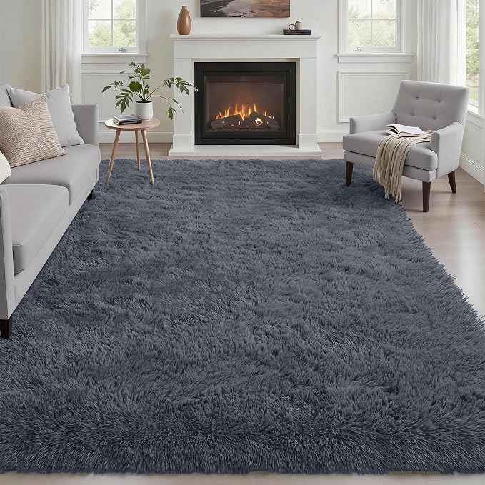 Area Rug Living Room Bedroom: 6x9 Fluffy Plush Shag Carpet Grey | by Luxturiy