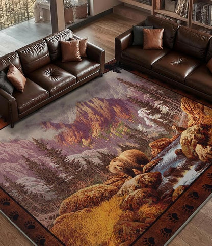 Rustic Cabin Area Rug for Bedroom 6x9, Machine Washable Woodland Bear Rug - Image 3